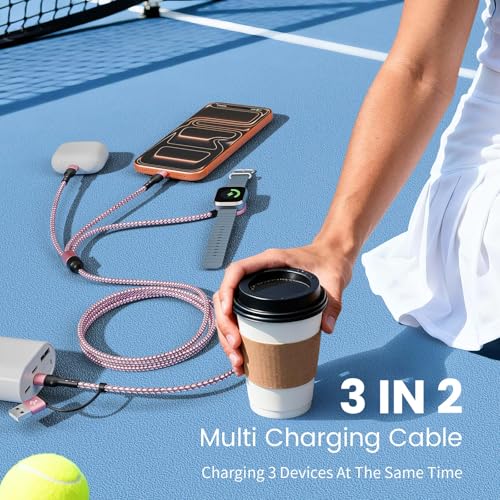 Cruise Travel Essentials, 3 in 2 Multi Charging Cable with iWatch Charger - color: Peach Pink, size: 2Pack5FT