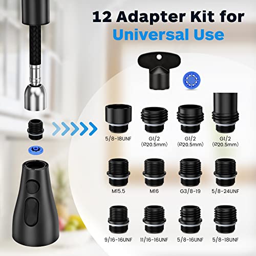 Kitchen Faucet Head Replacement, Kitchen Sink Faucet Head G 1/2, Kitchen Sink Sprayer Replacement 3 Modes with 12 Different Adapters, Compatible with Moen, Delta, Kohler Faucets, Black - color: Black with 17 Adapters