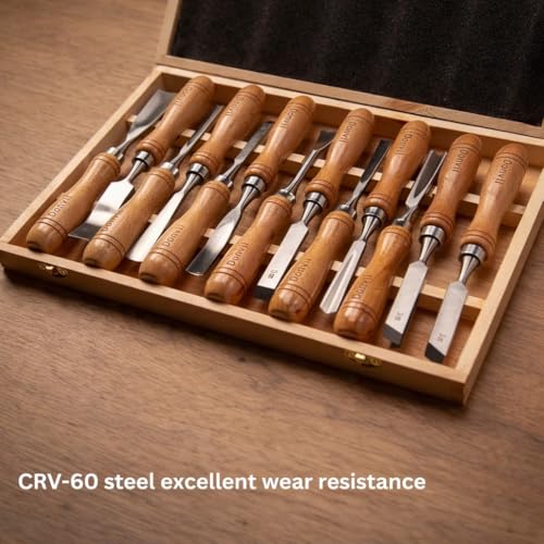 12-Pieces Wood Carving Tools Set – Professional Carving Chisel with Razor Sharp CRV-60 Steel Blades and Wooden Handles in a Wooden Storage Case- Wood Carving Kit