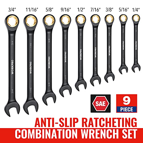 WORKPRO 9-Piece Anti-Slip Ratcheting Combination Wrench Set, SAE 1/4"-3/4" - style: SAE