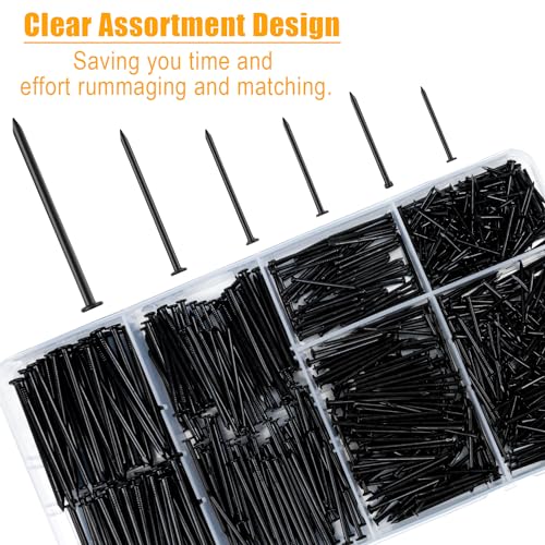 KURUI Black Nails for Hanging Wall Decor Tapestry Pictures Frame,700pc Picture Hangers for Bedroom Bathroom Office, 6 Sizes Small Finish Nails Assortment Kit,640 Frame Nails and 60 Finishing Nails - color: Black
