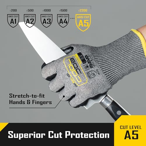 COOLJOB ANSI A5 Cut Resistant Gloves - 1/3/12 Pairs, Nitrile Rubber Dipped Safety Work Gloves for Men, Knife Proof with Grip Coating for Construction Warehouse Glass Wood Work, Grey Large - size: Large, style: A5 Pack of 3