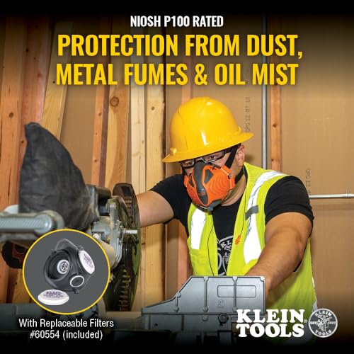 Klein Tools 80180 Reusable P100 Half-Mask Respirator with 4 Replaceable Filters for Dust, Metal Fumes, and Oil Mist, M/L