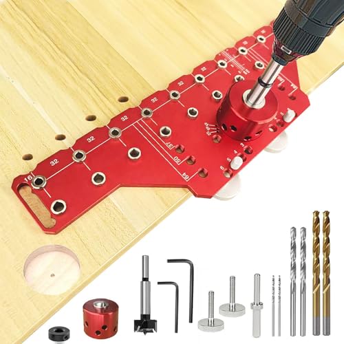 2 in 1 Shelf Pin Hinge Jig,Concealed Hinge Jig Drilling Jig with 35mm Hole Drill Bits,Self Contained Clamping All Metal Cabinet Hardware Tool Drill for Cabinet Door Hinge Hole Positioning (RED) - color: RED