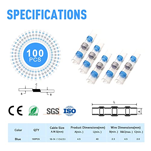 Kuject 100PCS Solder Seal Wire Connectors AWG 16-14, Blue Solder Seal Heat Shrink Butt Connectors Terminals Waterproof Wire Splice Connector for Marine Boat Wire Joint - size: AWG 16-14 Blue
