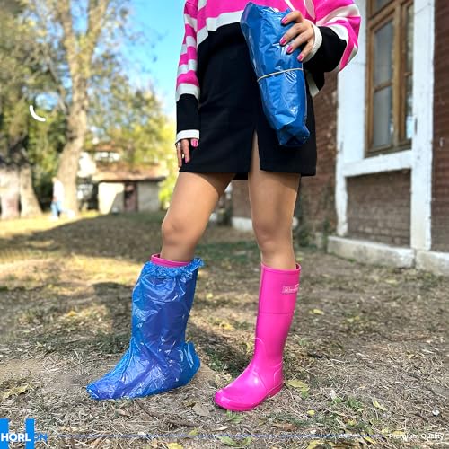 Large Thicker Boot And Shoe Covers Disposable Non-Slip 50 Pack (25 Pairs) Waterproof Durable Reusable Rain, Outdoor Indoors Overshoes, Fit Up To Men's 14, Blue, 20 Tall, Horlon