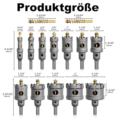 GSTK Upgrade Heavy Duty Carbide Hole Saw 14 Pcs,Metal Steel Hole Saw Drill Bit,TCT Hole Cutter,Alloy Hardness Upgrade, with 2*Extra Titanium Plated Pilot Center Drill and 2*L-Wrench