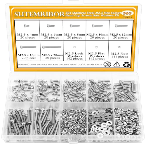 565 Pieces M2.5 Screws Nuts Washers Set, Sutemribor M2.5 x 4/6/8/10/12/16/20mm Hex Socket Head Cap Screws Nuts Washers Assortment Kit, 304 Stainless Steel, Fully Threaded - size: M2.5, style: Socket Head