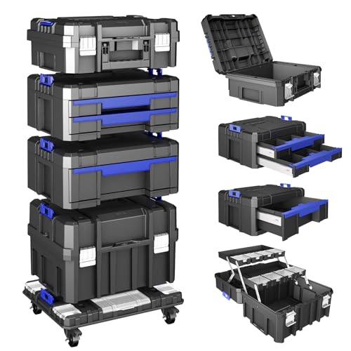 AIRAJ 4 Tier Stackable Rolling Tool Box with Wheels, 18” Tool Box Organizer