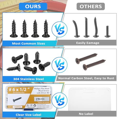 100PCS #6 x 1/2" Black Wood Screws, Flat Head Stainless Steel Sheet Metal Screws, Fast Self Tapping Screws for Deck Drywall Concrete Screws with Screwdriver Bit - style: Black #6X1/2" Flat Head 100PCS