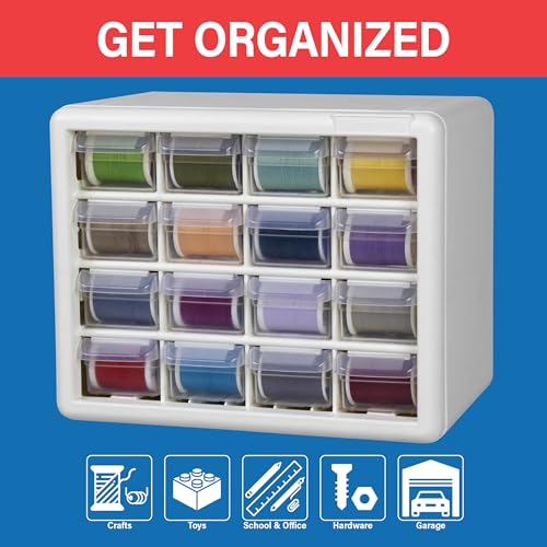 Akro-Mils 16-Drawer Plastic Storage Cabinet, 10.5"W x 6.5"D x 8.5"H, White - color: White, size: 16 Drawer, style: 1 Pack