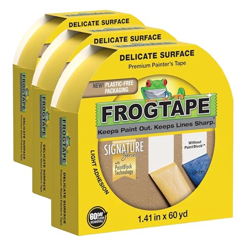 FrogTape Delicate Surface Multi-Use Painter's Tape with PAINTBLOCK, Low Adhesion, 1.41 inch Width, Yellow (280221) (Pack of 3) - size: 3 Rolls, 1.41” Width