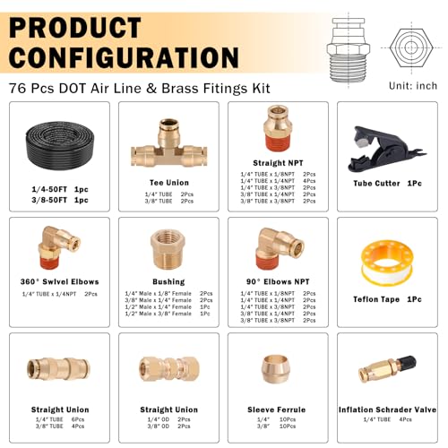 CheeMuii 72 PCS Brass DOT Air Line Fittings with 1/4" & 3/8" DOT Air Hoses - size: 2ROLL-76PCS
