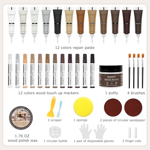 SEISSO Wood Furniture Repair Kit, Touch Up Markers Wood Fillers - size: 12Wood Fillters+12Markers+Wood Putty+Polish Wax