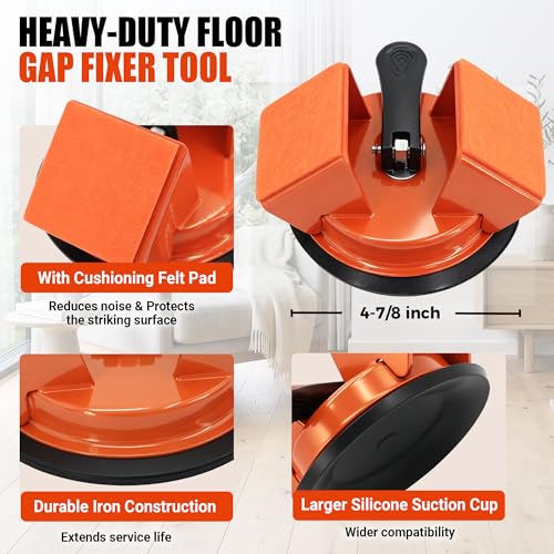 Floor Gap Fixer Tool: Flooring Repair Tool with Dual 45° Striking Surface & Suction Cup for Laminate & Vinyl Plank (LVP/SPC) Floors, Floor Gap Puller Kit with Mallet, 6 Upgraded Adhesive Pads, Scraper
