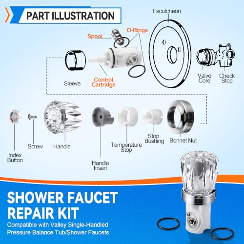 Shower Faucet Repair Kit, Compatible with Valley V4268 V4205 V4206 V4283 V4269, Fits Back to Back Tub/Shower Parts, Complete Cartridge Repair Kit with Clear Handle