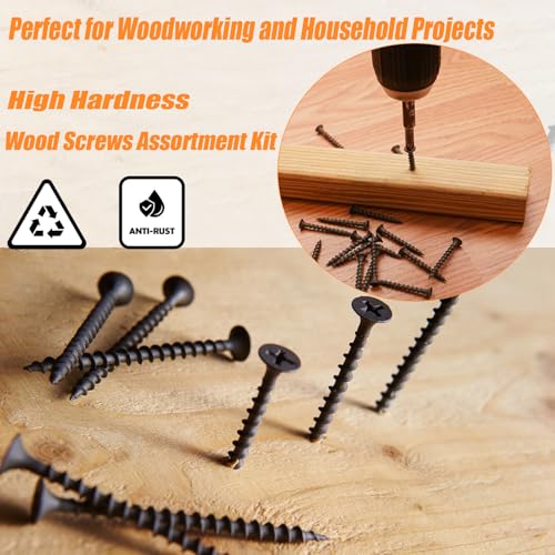 175PCS #8 Drywall Screws, Assorted Wood Screws, Black Wood Screws, Wood Screws Assortment Kit, Flat Head Screws, Screw Assortment, 6 Sizes, (2'', 1-1/2'', 1-1/4'', 1'', 3/4'', 5/8'') - size: #8 175PCS