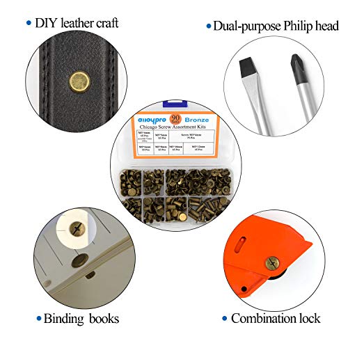 90 Sets Chicago Screws Assorted Kit 6 Sizes Bronze Leather Rivets 3/16(5mm) Screw Rivets Phillip Head Book Binding Posts Nail Rivet Chicago Bolts for DIY Leather Craft Bookbinding (5 x 4,5,6,8,10,12) - size: Bronze-4,5,6,8,10,12