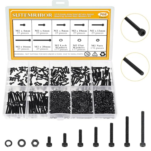 705 Pieces M2 Screws Nuts Washers Set Black, Sutemribor M2 x 4/6/8/10/12/16/20mm Hex Socket Head Cap Screws Nuts Washers Assortment Kit, 12.9 Grade Alloy Steel, Fully Threaded - size: M2 x 4/6/8/10/12/16/20mm Kit, style: Socket Head