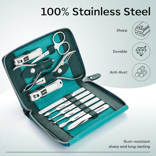 FAMILIFE Stainless Steel Manicure Set 11-in-1 Professional Nail Clipper Kit | Portable Leather Travel Case, Pedicure & Grooming Tools for Fingernails & Toenails, Luxury Gift for Men & Women, Peacock Blue - color: Blue