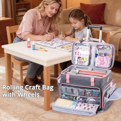 AMOIGEE Rolling Craft Bag with Wheels for Sewing Machine & Craft Supplies - color: Pink, size: With Wheels