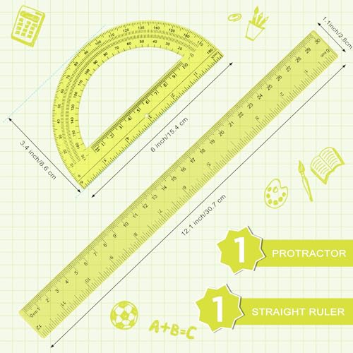 Zonon 2 Pcs 12 Inch Clear Ruler and 6 Inch Plastic Protractor Set, Yellow - color: Yellow