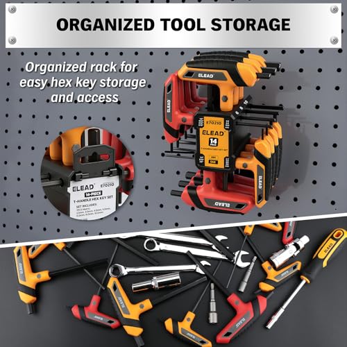 ELEAD 14-Piece T-handle Allen Wrench Set, Metric 2.5mm-10mm & SAE 1/8"-3/8" Portable Hex Key, Long Arm Allen Key Set with Storage Rack for Basic Home Repair and Mechanical Maintenance - style: T-Handle New Version