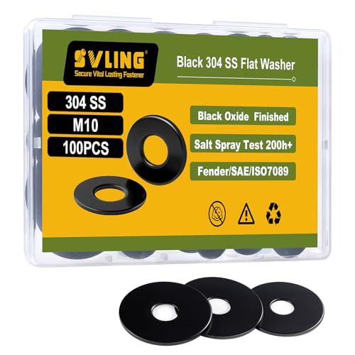 100PCS M10 Flat Washers, Black Oxide 304 Stainless Steel 18-8, 10.5mm ID x 19.48mm OD Hardware Washers for Screws Bolts - color: Black, size: Metric M10