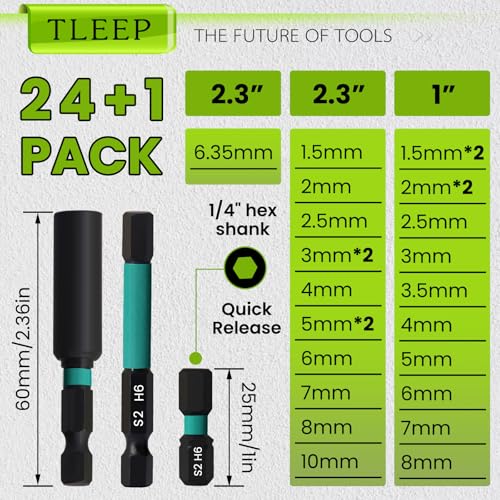26Pcs Impact Drill Allen Key Set Metric 1.5mm to 10mm, 1/4" Hex Shank - size: E.1.5mm to 10mm