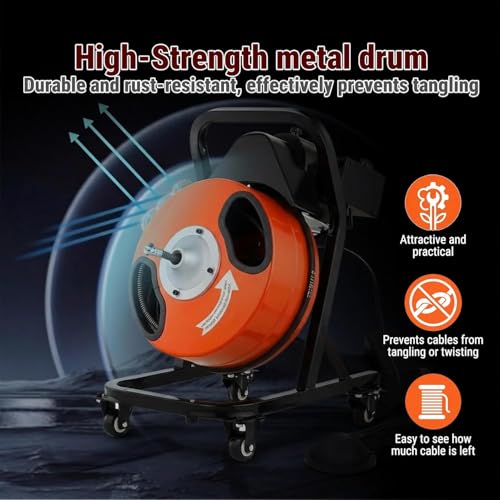 HoldwellS 50FT x 1/2 Inch Drain Cleaner Machine, Electric Drain Auger on 4 Wheels for 1"-4" Pipes, Enclosed Metal Drum with 4 Cutters & Pneumatic Foot Switch, Sewer Snake Auger - color: 50FT x 1/2inch (Manual Feed)
