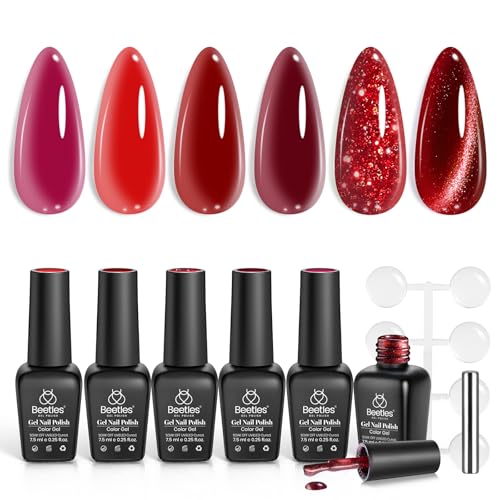Beetles Red Gel Nail Polish Set, 6 Colors Jelly Gel Polish with Magnet - color: A - Red Jelly | Red Revival