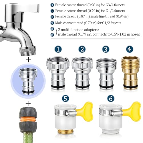 6 Pcs Faucet Tap Quick Connector Kit, 4 pcs Washing Machine Quick Connectors & 2 Universal Faucet Adapters for Portable Washer Thread Sink Adapter for Garden Hose, Dishwasher, Car Wash