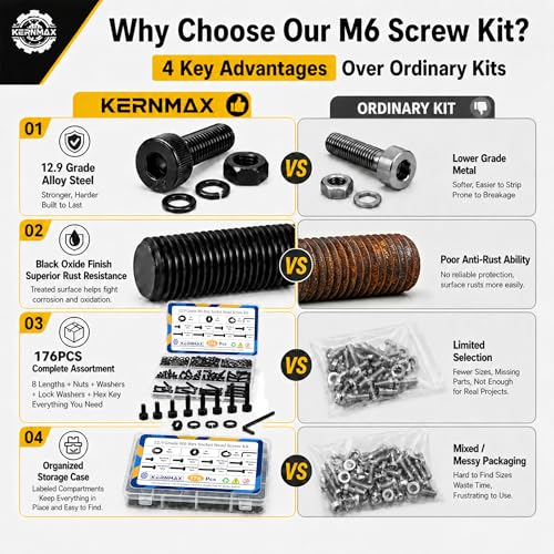 176PCS M6 Screws Assortment Kit, M6x8/10/12/16/20/25/30/35mm Hex Socket Head Cap Bolts Nuts & Washers Set, 12.9 Alloy Steel Black Oxide, M6 Screw Anti-Rust - size: M6 176pcs