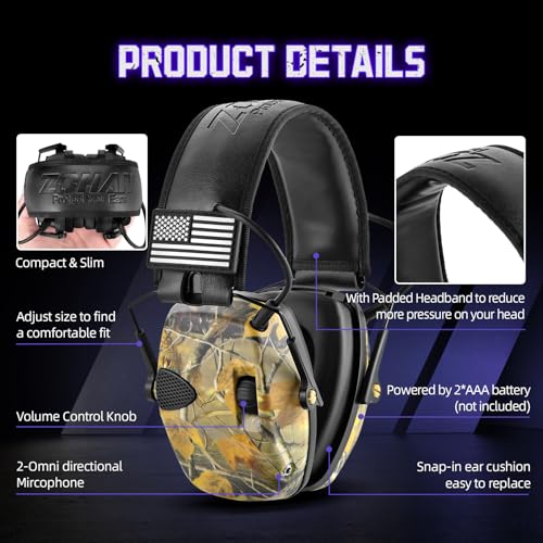 ZOHAN Shooting Ear Protection – Active Noise Cancelling, NRR 23dB, Electronic Over Ear Hearing Protection with Amplification for Gun Range & Hunting, Low Profile Adults Safety Earmuffs - Camo - color: With Patches-camo