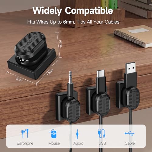 6-Pack Magnetic Cable Clips with Detachable Magnetic Base, Auto Dock Cable Organizer, Self-Adhesive Cord Holder for Round & Flat Cables, One-Hand Cable Management for Desk, Car, Office - size: 6 Pack