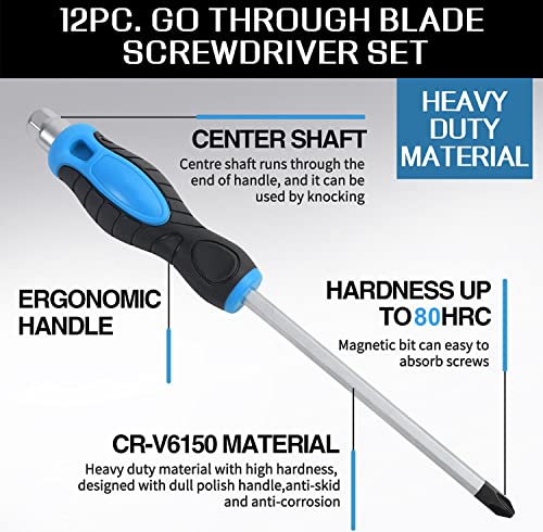 12-Piece Magnetic Screwdriver Set, Heavy Duty Screwdriver Set Go-Thru Steel Blades, High Torque 6 Phillips & 6 Flat Head Tips Screwdrivers Set with Case
