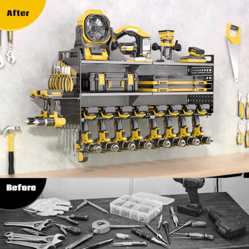 33" W Power Tool Organizer Wall Mount, 3-Layer,10 Drill Holders - color: Black, size: 10 Drills Holder-3 Layers