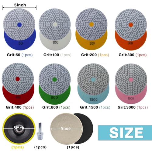 5 Inch Diamond Polishing Pads with 5/8’’-11 Hook & Loop Backing Pads, 10pcs Wet/Dry Concrete Polish Tools Kit for Drill, Grinder, Polisher, 50-3000 Grit Polishing Set for Marble Granite Quartz Stone - size: 5 Inch 50-3000 Grit