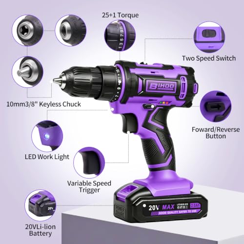 20V Cordless Drill with Battery and Charger, 3/8'' chuck, Purple - color: Purple