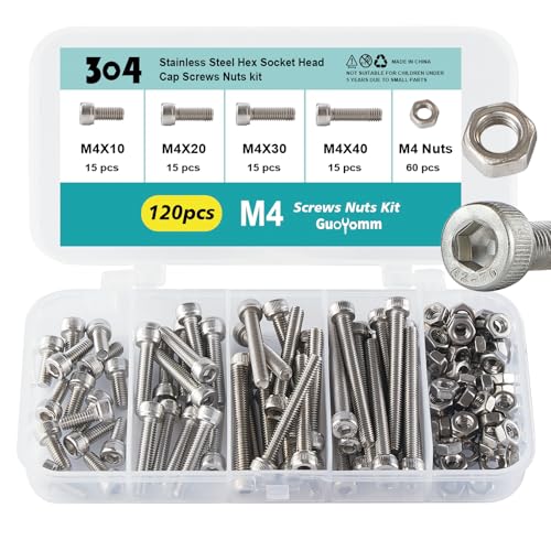 M4 x 10mm 20mm 30mm 40mm Hex Socket Head Cap Screws Bolts and Nuts, Stainless Steel 304, Bright Finish, Metric Allen Drive, Fully Thread, Assortment Kit 120PCS - size: Socket M4x10-40mm+Nuts