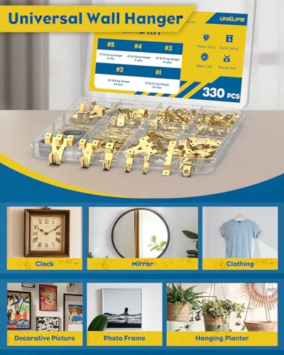 Uniclife 330 Pcs Heavy Duty Picture Hanging Kit, Picture Hanging Hooks,Gold - style: Gold