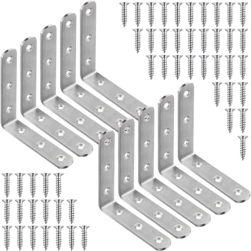 10 Pcs L Bracket Corner Braces 4x4 Inch Heavy Duty Stainless Steel Shelf Brackets, 90 Degree Wall Hanging Support Joint Right Angle Hardware for Wood Shelves with Screws - size: 10PCS-Silver 100*100mm/4*4in