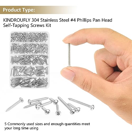 212 Pieces #4 x 3/8" 1/2" 5/8" 3/4" 1" Phillips Pan Head Self-Tapping Screws, Wood Screws Assortment Kit, 304 Stainless Steel - size: #4