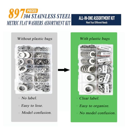 897 Pcs Stainless Steel Flat Washers for Screws, 304 Stainless Steel, Assorted Sizes (M2 M2.5 M3 M4 M5 M6 M8 M10 M12) for Industrial Use, Washers for Bolts (897, M2-12)