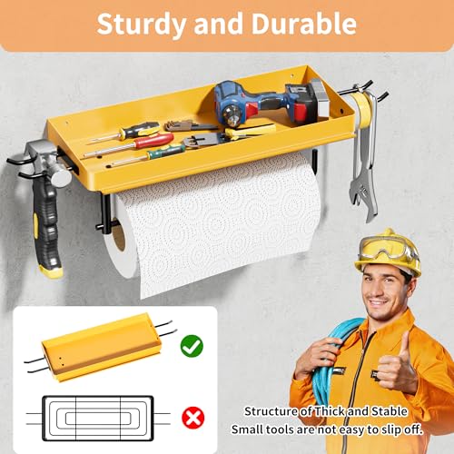 SUNTECH Garage Paper Towel Holder with Shelf & 2 Hooks Wall Mount, Yellow - color: Yellow, size: 12.8-inch