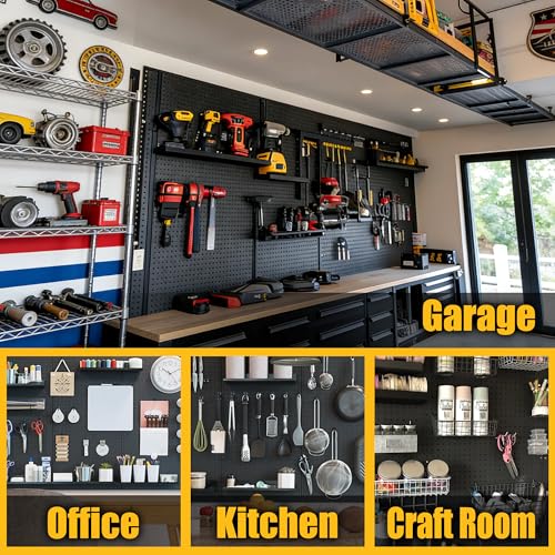 Spampur Peg Board, 6 Pack Metal Pegboard Panels with 50 Hooks - color: Black, size: 16x12"- 6 Pcs