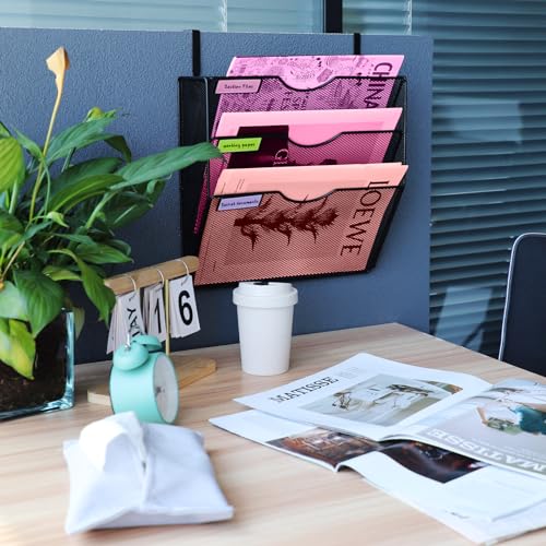 3 Pockets Mesh Wall File Holder Organizer Office Hanging File Folder Magazine Rack, Nametag Label Hooks Set Included (Black)