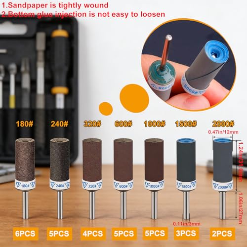 30Pcs Sanding Drums Sandpaper Sticks for Dremel Rotary Tool, 1/8 Inch Shank Sanding Bands 180-2000 Grit for Metal Rust Removal, Wood Grinding,Rotary Tool Accessories with Storage Case - size: 30PCS