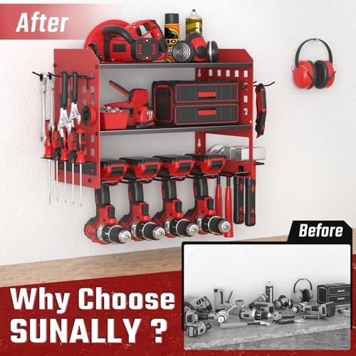 SUNALLY Power Tool Organizer, Wall Mount Garage Tools Storage Rack, Red - style: 4 Drill Holders D