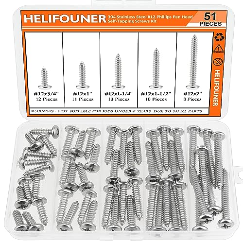 #12 x 3/4" 1" 1-1/4" 1-1/2" 2" Wood Screws Set, HELIFOUNER 51 Pieces Phillips Pan Head Self-Tapping Screws Assortment Kit, Phillips Pan Head Wood Screws, 304 Stainless Steel - size: #12